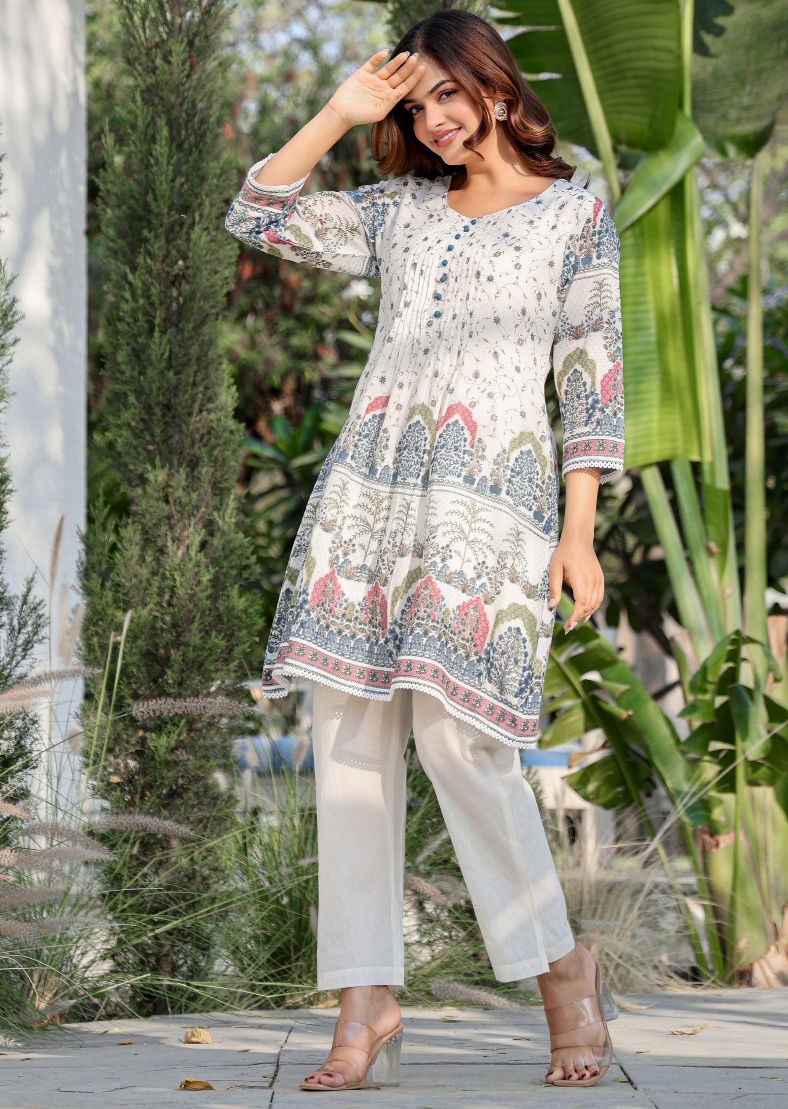 Cream Cotton Straight Cut Kurti Set