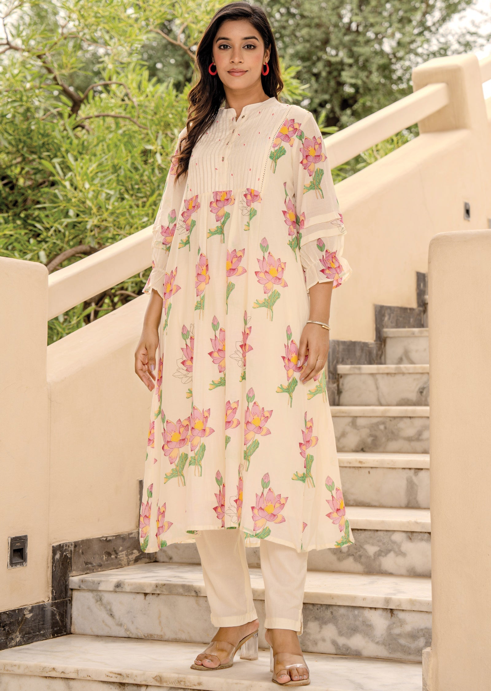 Cream Cotton Straight Cut Kurti Set