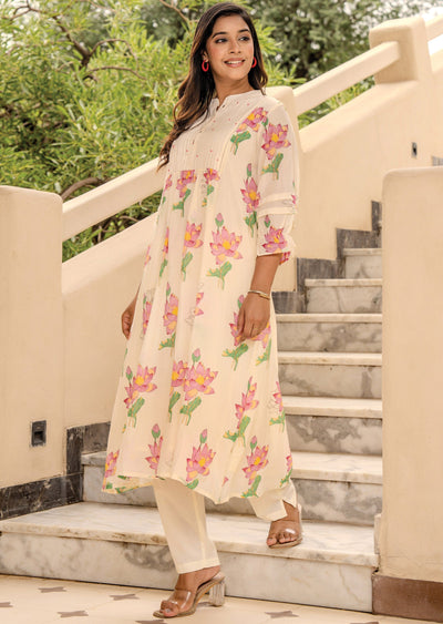 Cream Cotton Straight Cut Kurti Set