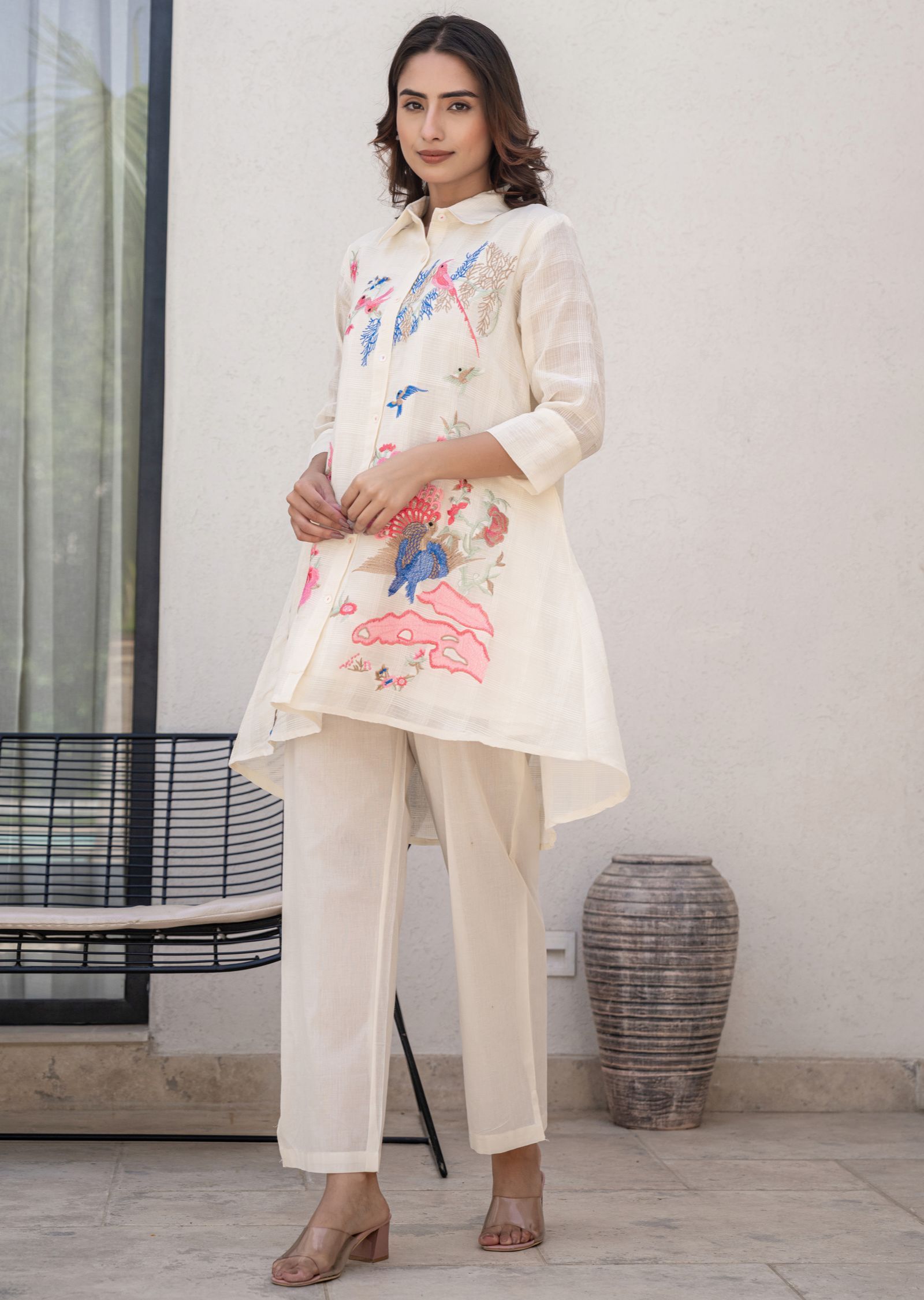 Cream Cotton Straight Cut Kurti Set