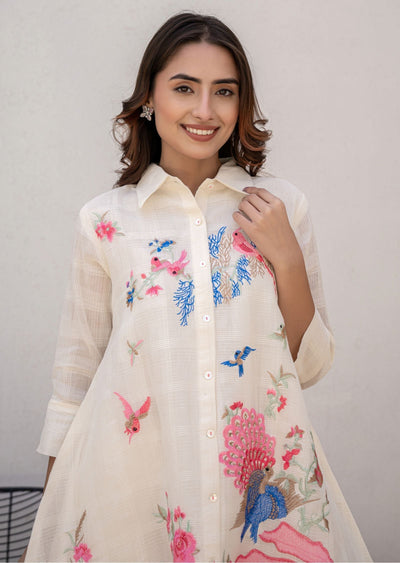 Cream Cotton Straight Cut Kurti Set