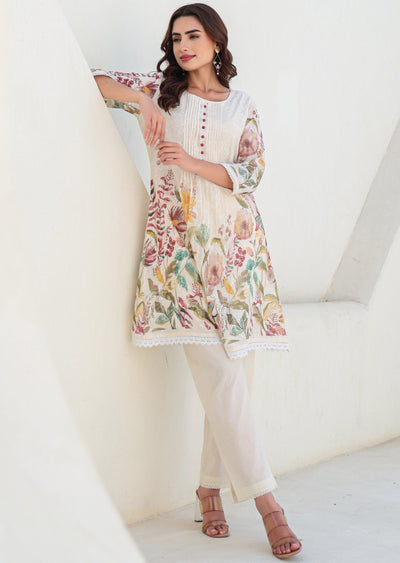 Cream Cotton Straight Cut Kurti Set