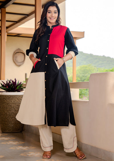 Black Cotton Straight Cut Kurti Set