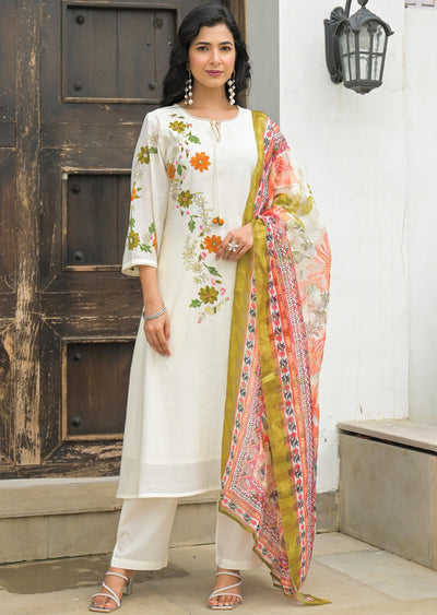Cream Chanderi Straight Cut Suit