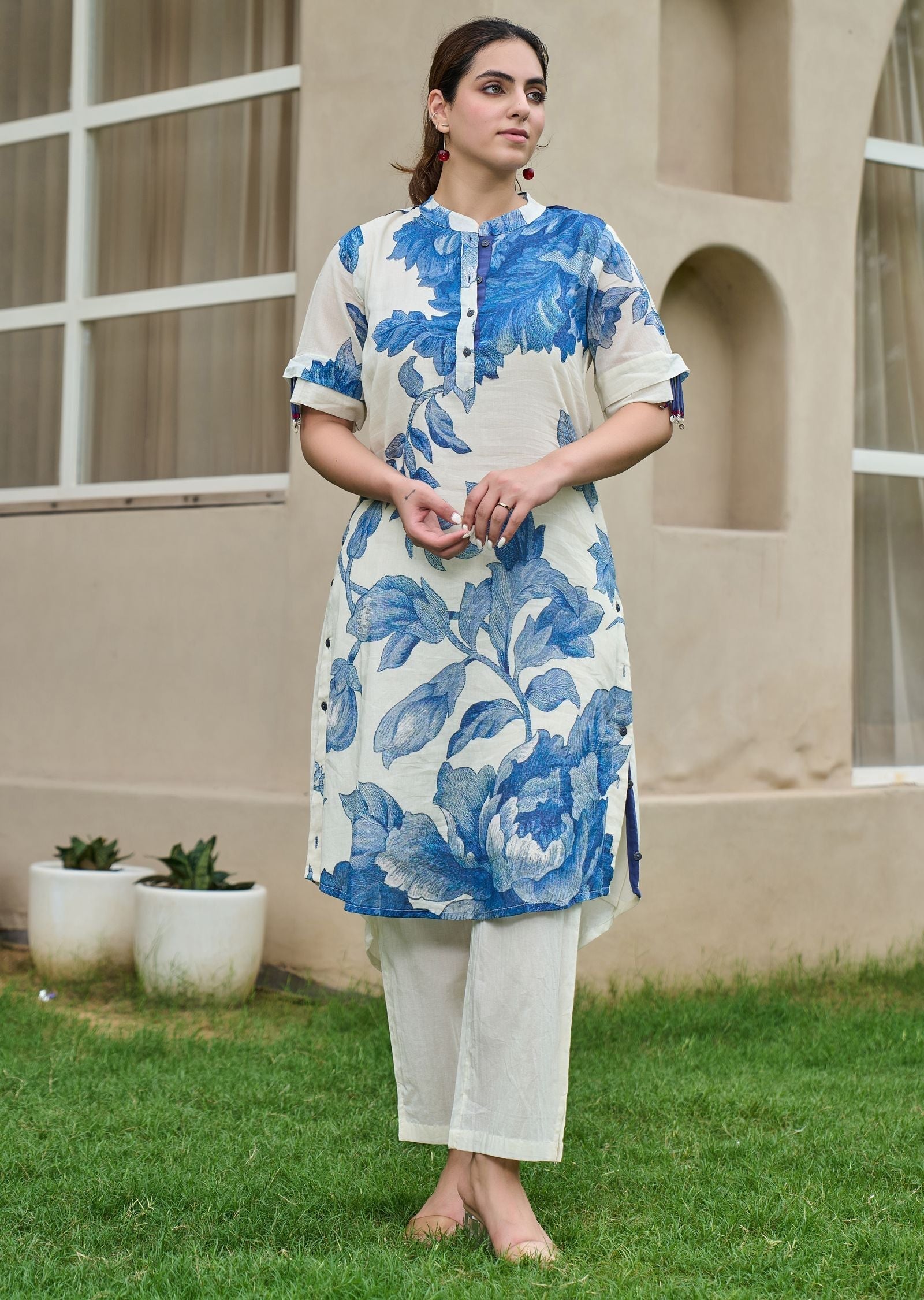 Blue Cotton Straight Cut Kurti Set
