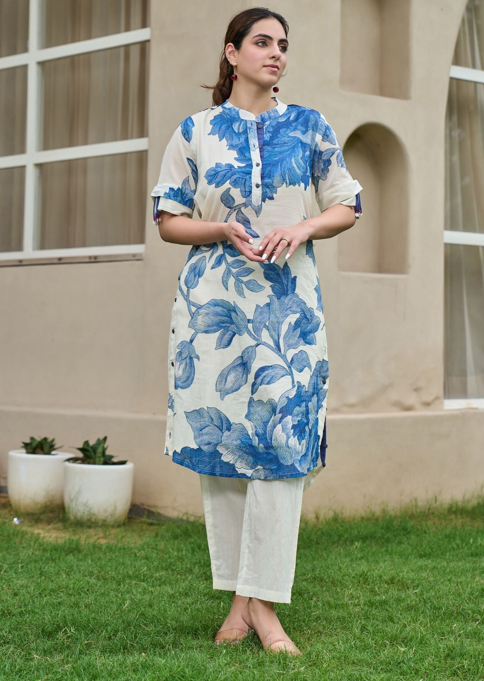 Blue Cotton Straight Cut Kurti Set