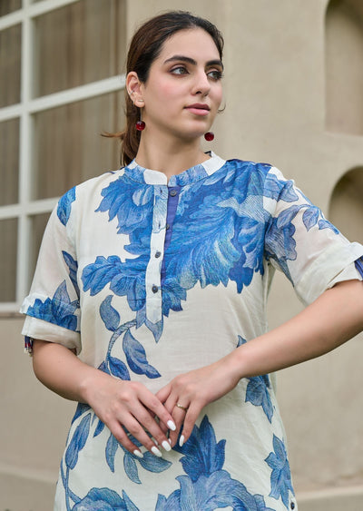 Blue Cotton Straight Cut Kurti Set