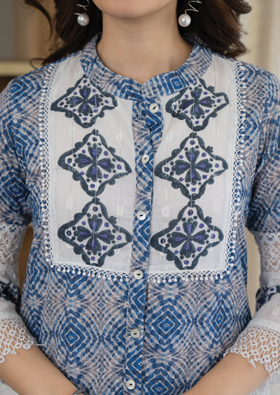 Off White Cotton Straight Cut Kurti Set