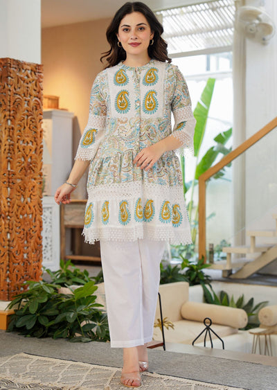 Off White Cotton Straight Cut Kurti Set