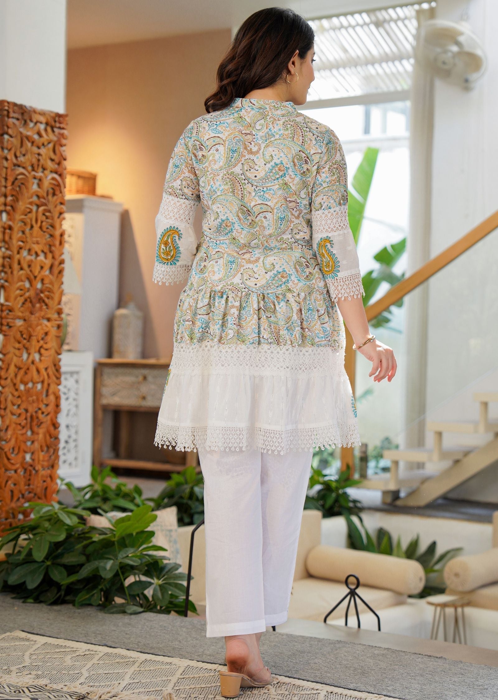 Off White Cotton Straight Cut Kurti Set