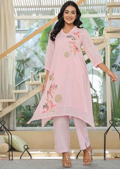 Pink Cotton Straight Cut Kurti Set