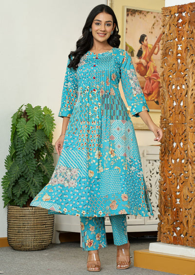 Blue Cotton Straight Cut Kurti Set