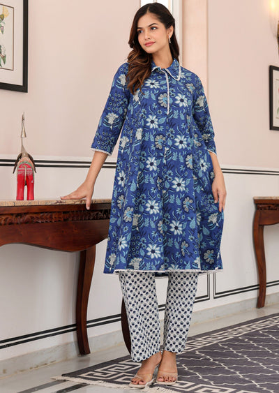 Blue Cotton Straight Cut Kurti Set