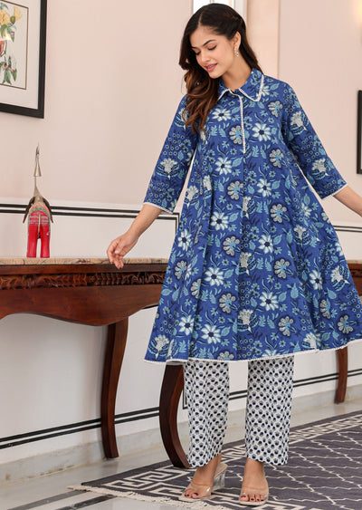 Blue Cotton Straight Cut Kurti Set