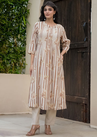 Brown Cotton Straight Cut Kurti Set