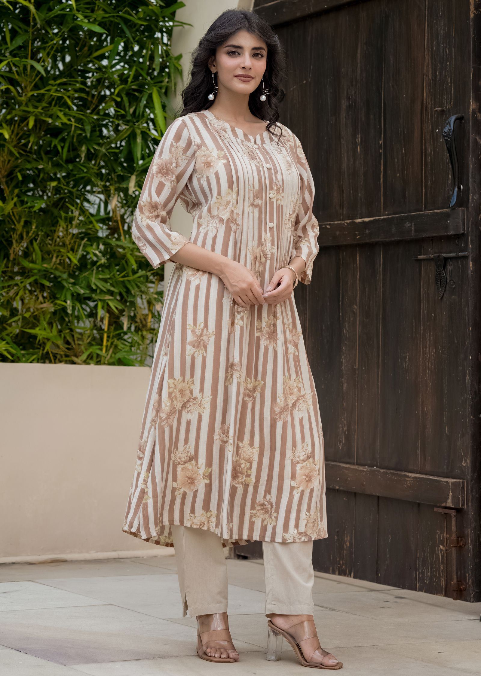 Brown Cotton Straight Cut Kurti Set