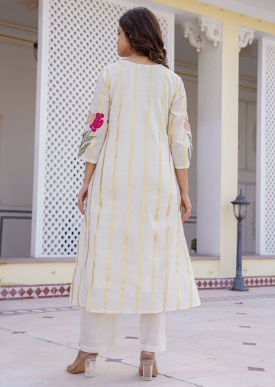 Cream Cotton Straight Cut Kurti Set