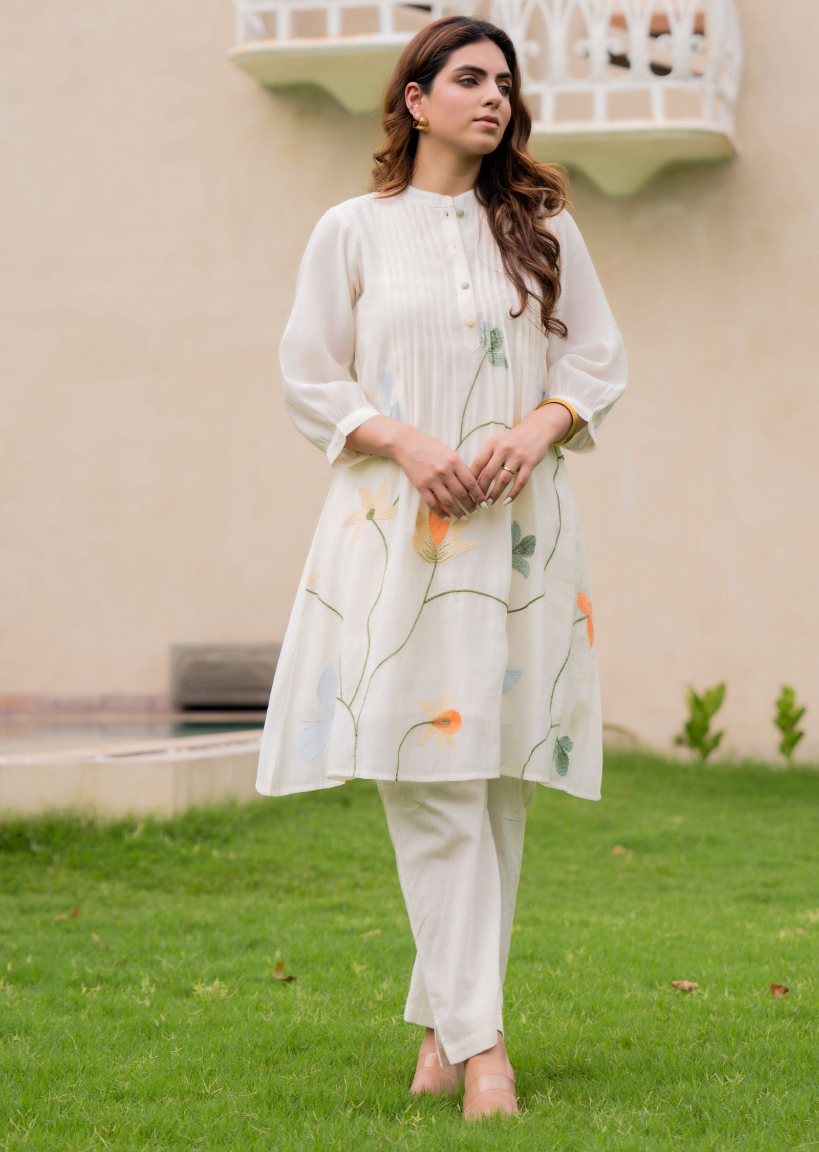 Cream Chanderi Straight Cut Kurti Set