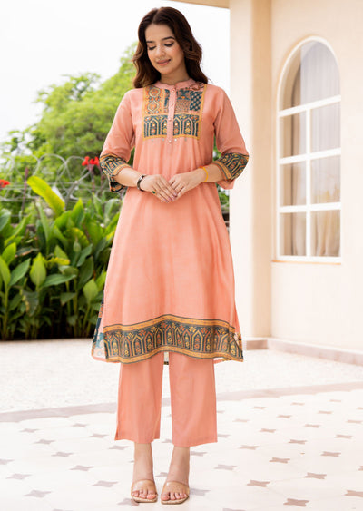 Rust Cotton Straight Cut Kurti Set