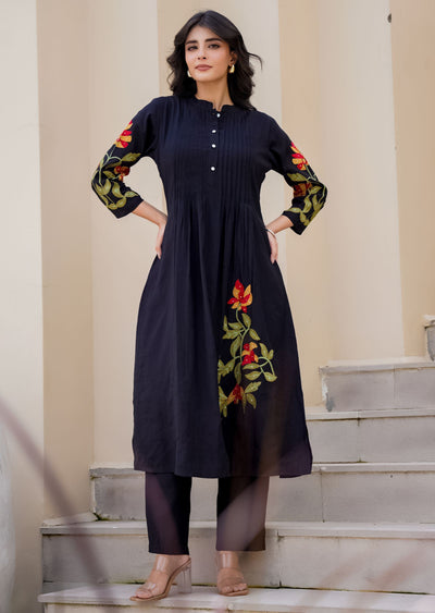 Navy Blue Russian Silk Straight Cut Kurti Set
