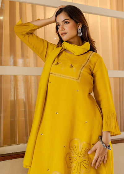 Mustard Chanderi Straight Cut Suit