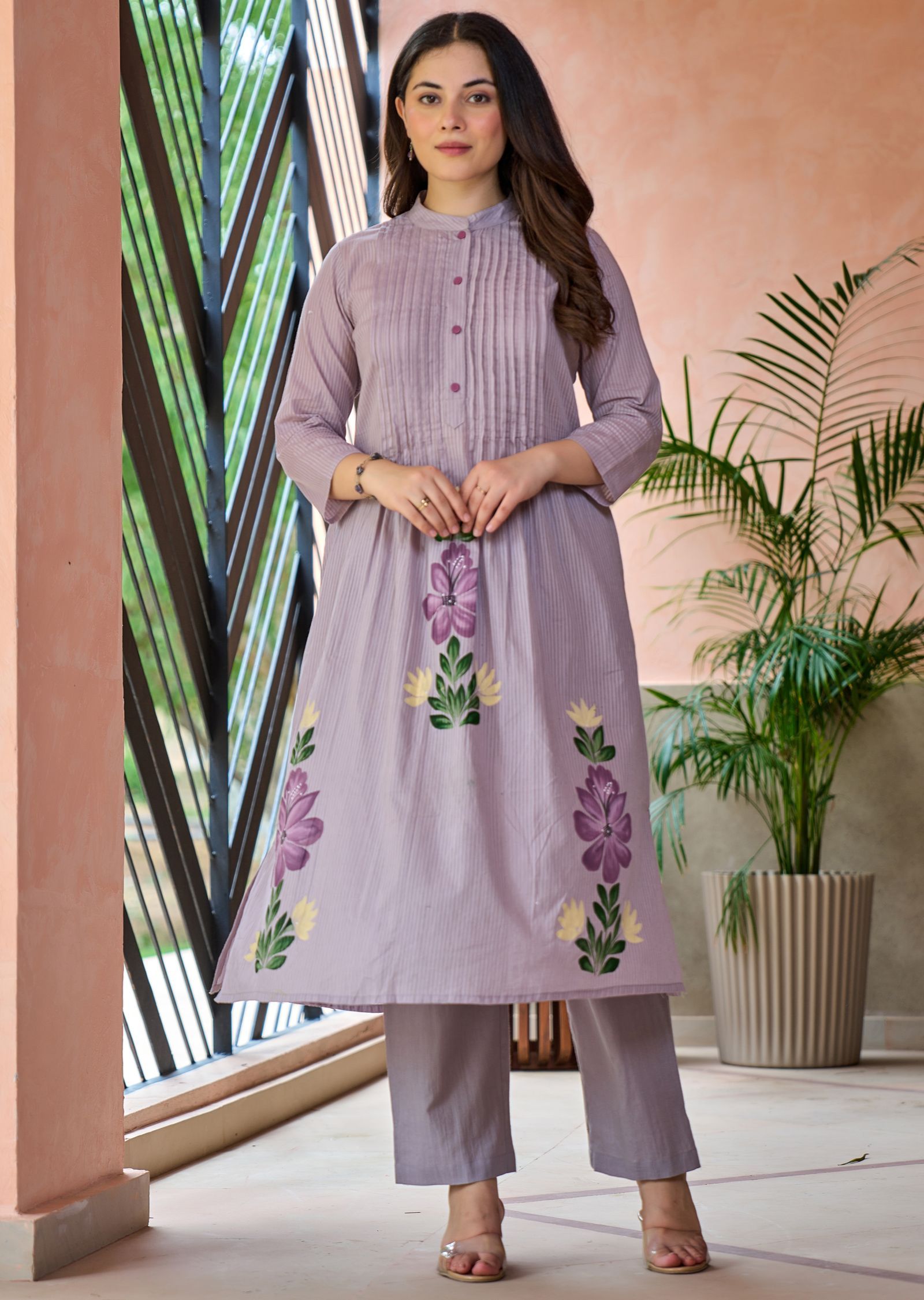 Lavender Cotton Straight Cut Kurti Set