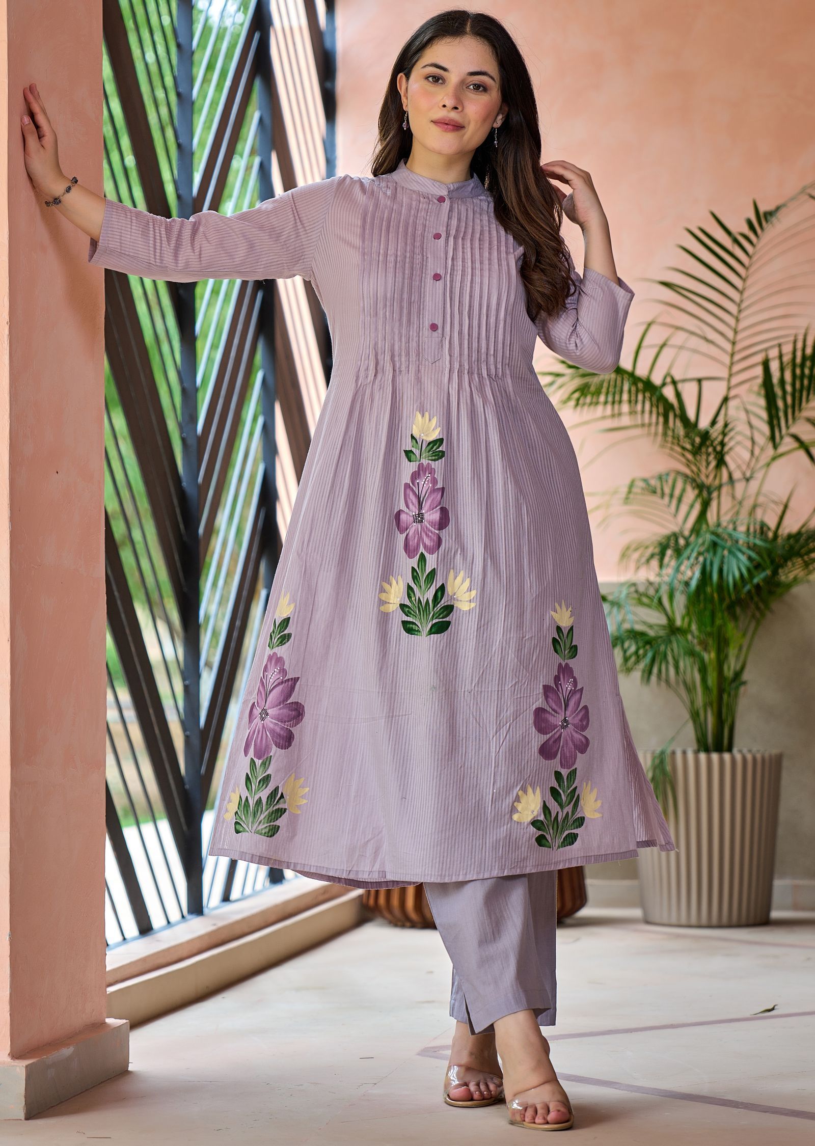 Lavender Cotton Straight Cut Kurti Set