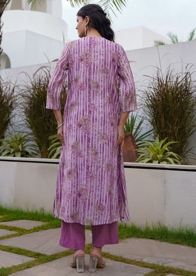 Mauve Cotton Straight Cut Kurti Set