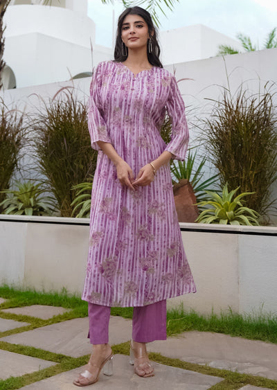 Mauve Cotton Straight Cut Kurti Set