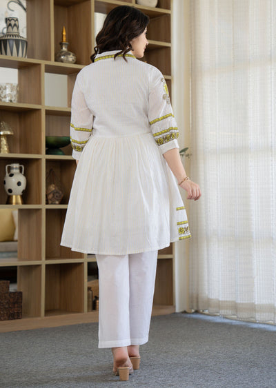 Off White Cotton Straight Cut Kurti Set