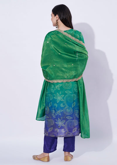 Green-Blue ombré tissue straight cut Kurti set