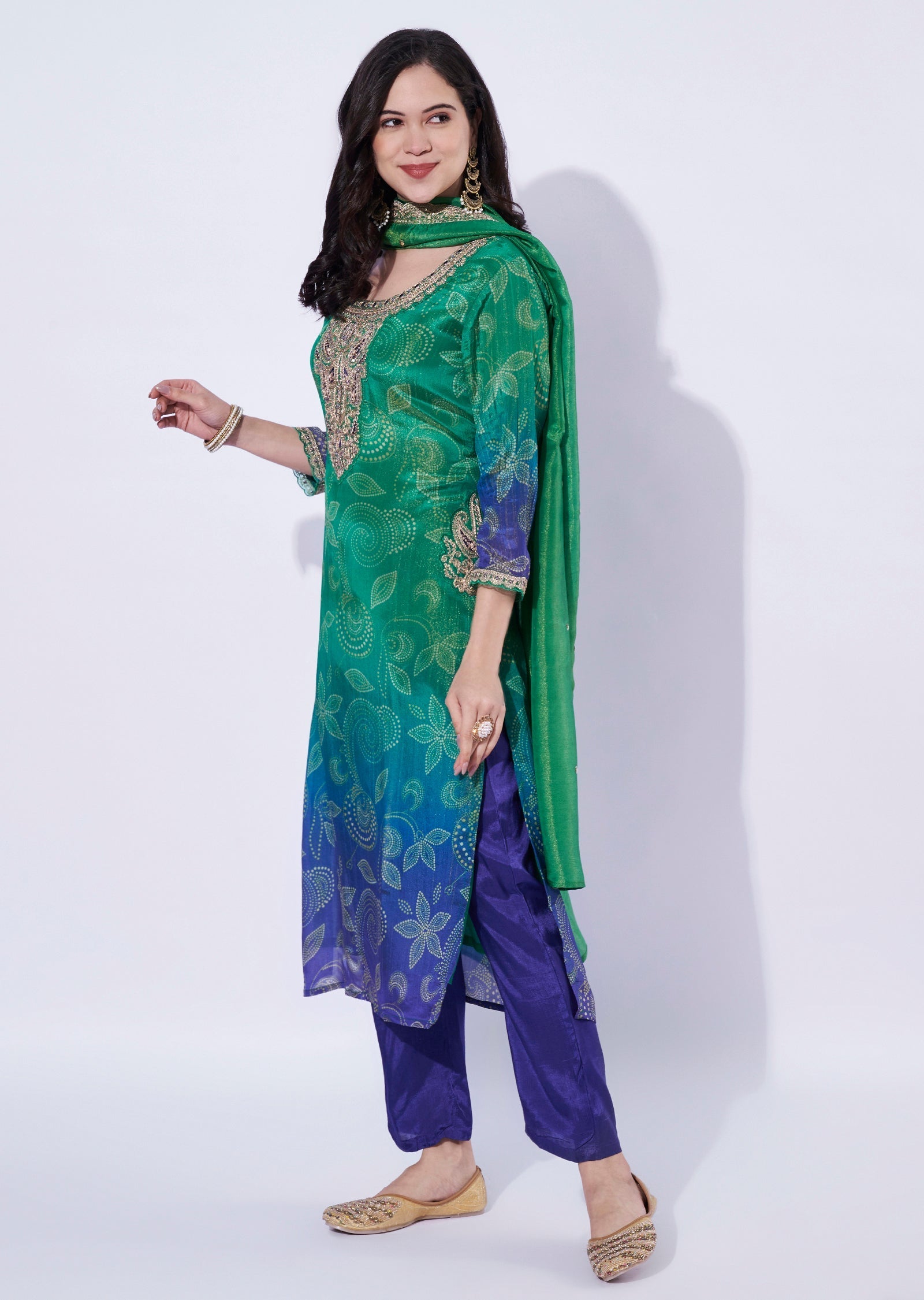 Green-Blue ombré tissue straight cut Kurti set