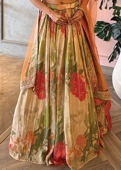 Floral printed tissue corset lehenga