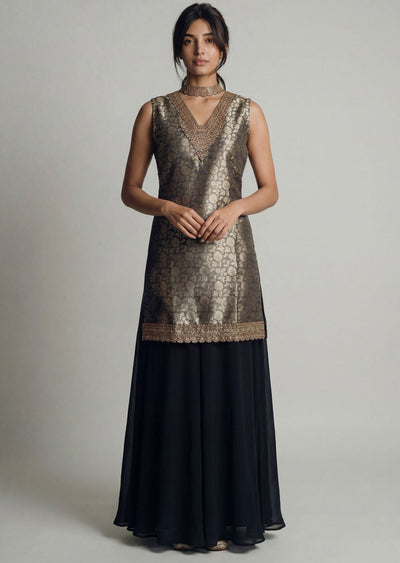 Black Sharara Suit With Gold Brocade