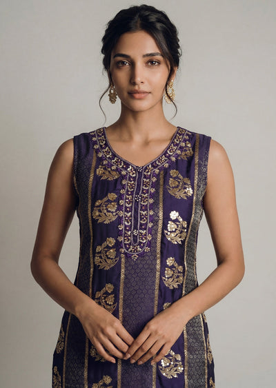Purple Banarasi Brocade Straight Suit