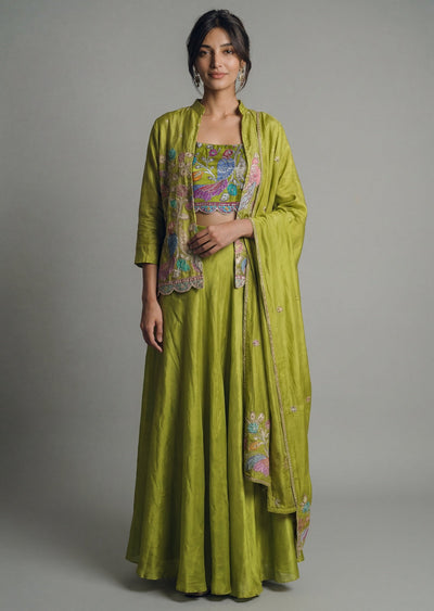 Green Indo Western Jacket Crop Top and Palazzo Set