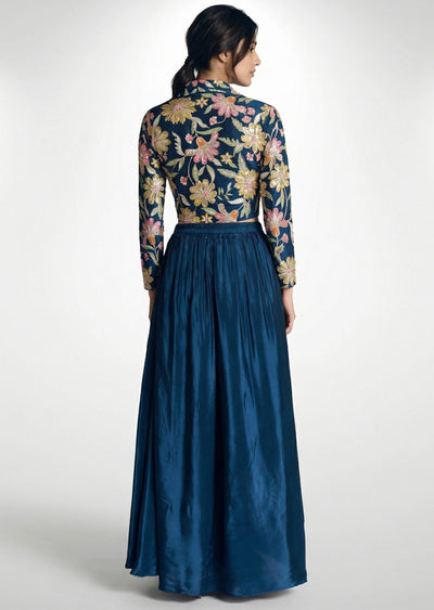 Teal Blue Draped Skirt And Printed Jacket Set