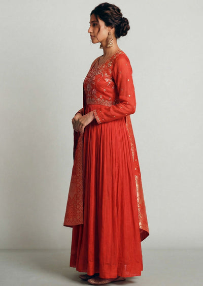 Rust Orange Anarkali With Banarasi Dupatta