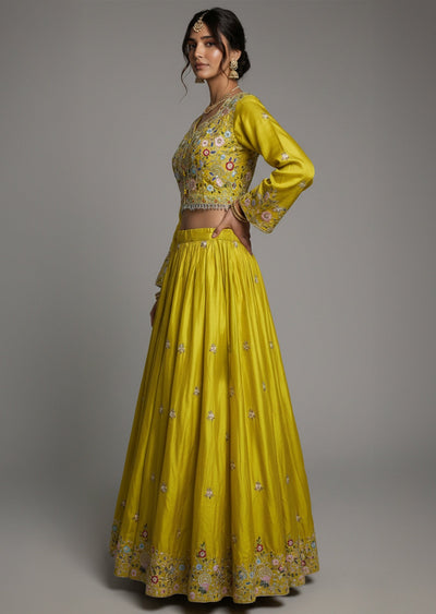 Elegant Yellowish Green Lehenga Set