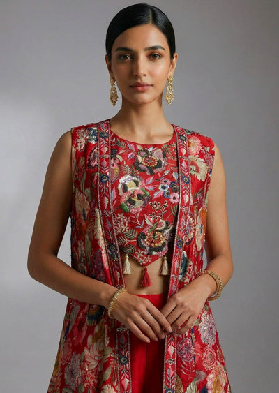 Pink Embroidered Blouse, Jacket and Palazzo Set