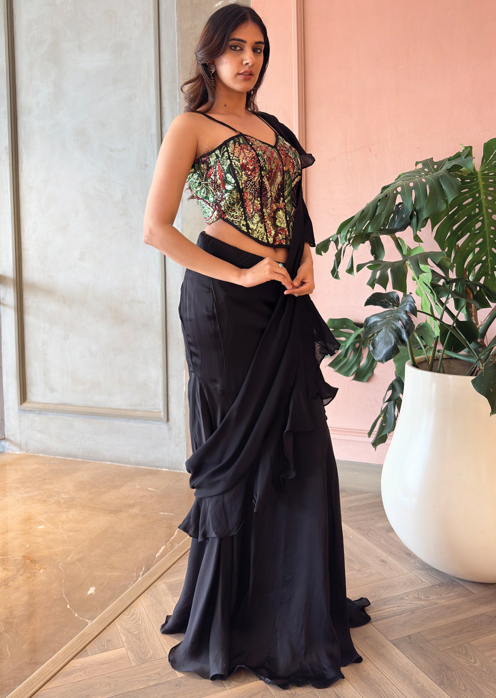 Black corset drape saree