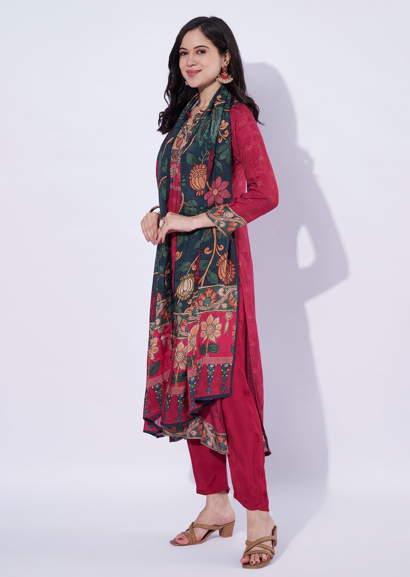 Maroon straight cut kurti with printed dupatta