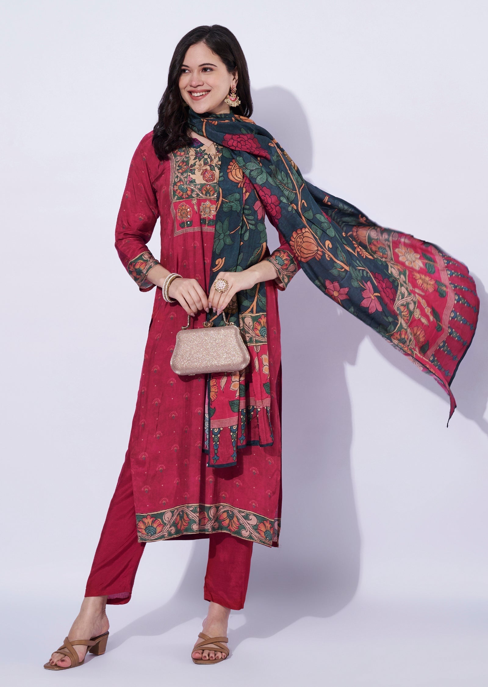 Maroon straight cut kurti with printed dupatta