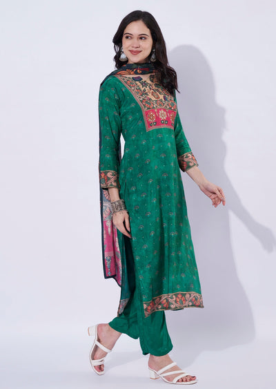 Green straight cut kurti with printed dupatta