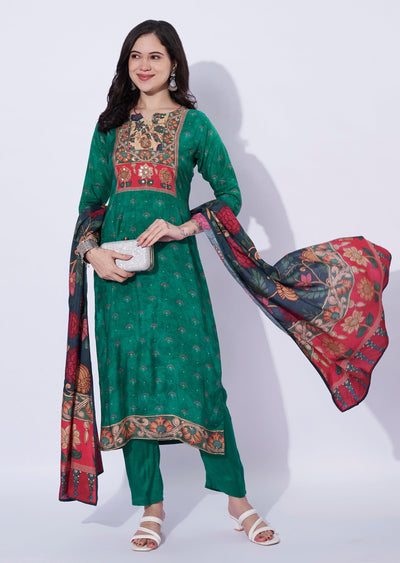 Green straight cut kurti with printed dupatta