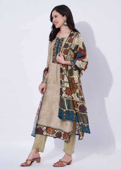 Beige straight cut kurti set with printed dupatta