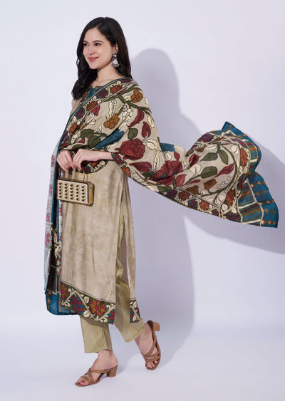 Beige straight cut kurti set with printed dupatta