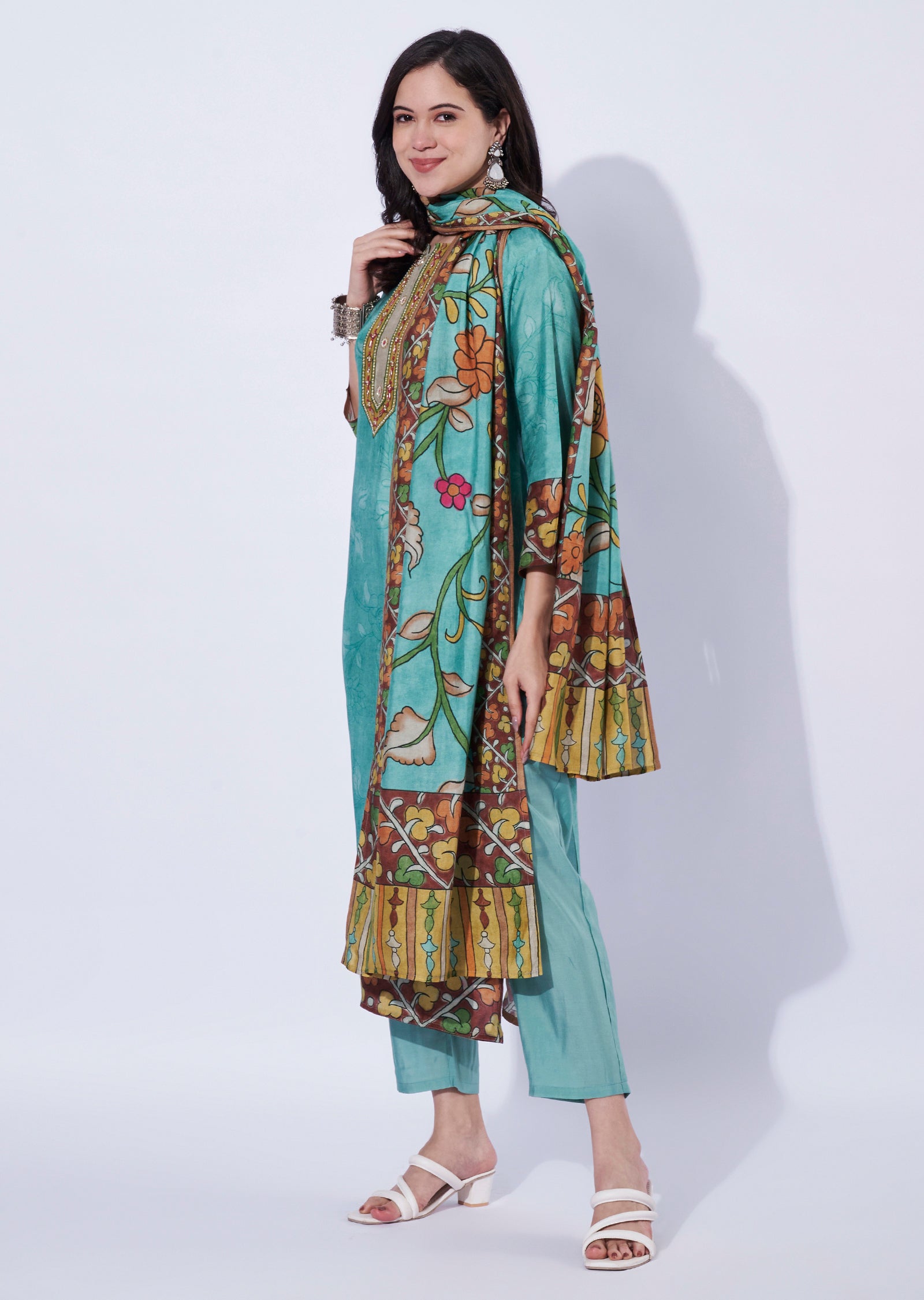 Sea green straight cut kurti set