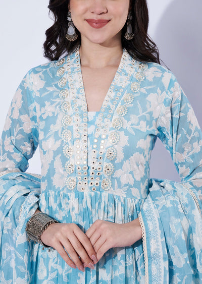 Light Blue Cotton Anarkali with Pant & Dupatta