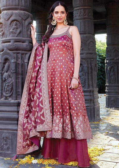 Dark pink tissue Anarkali with banarasi dupatta